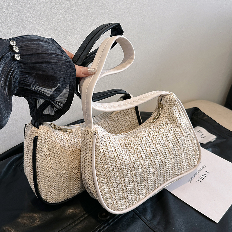Summer Straw Bag for Women 2024 New Style, Vintage Color-Block Handheld Versatile Woven Underarm Bag
